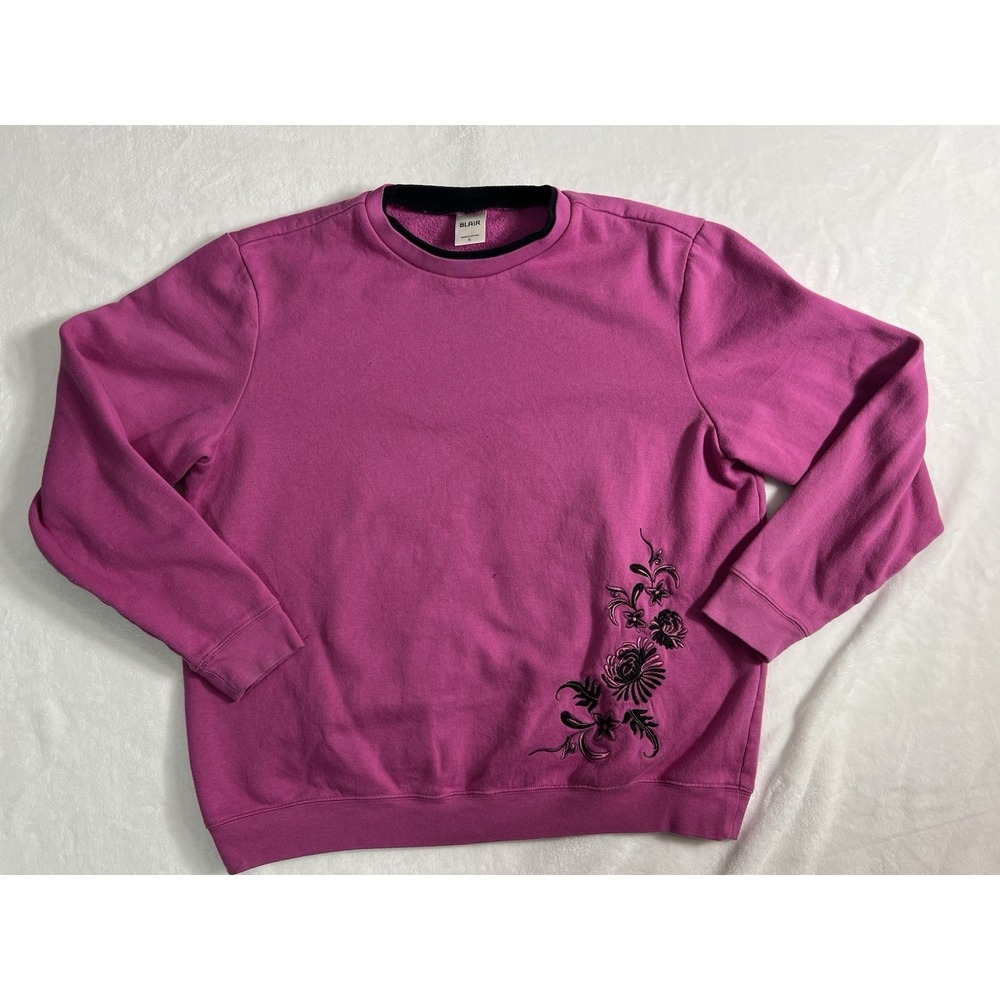 Blair Pullover Sweatshirt Pink Floral Embroidered Women's XL Fleece Casual